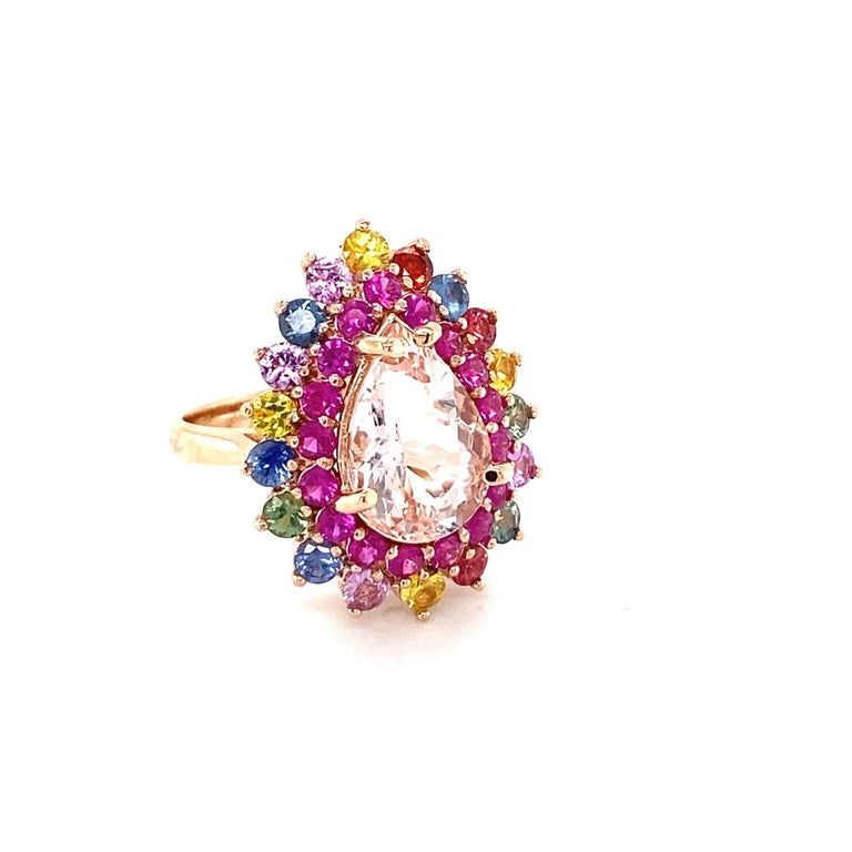 6.04 Carat Pink Morganite, Multicolor Sapphire, 14 Karat Rose Gold Cocktail Ring