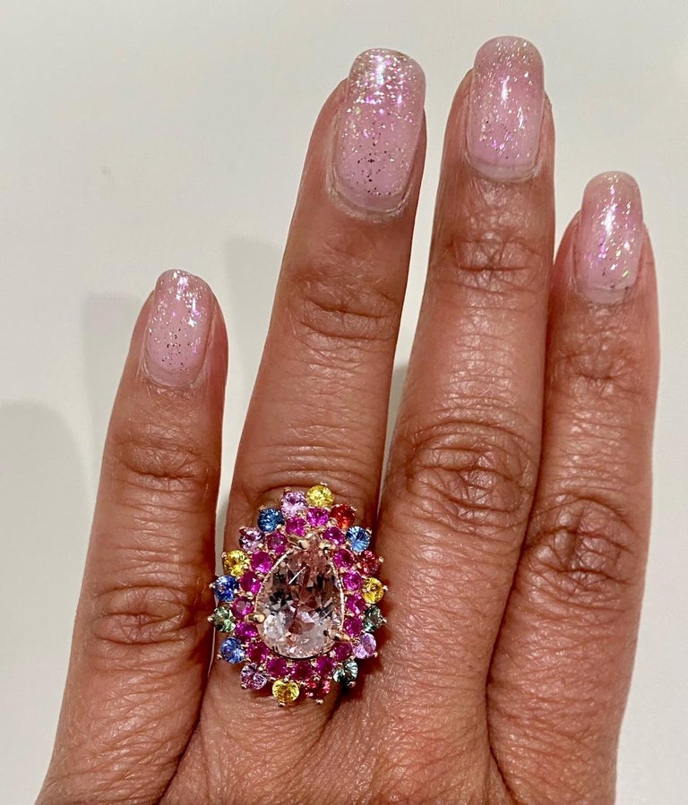 6.04 Carat Pink Morganite, Multicolor Sapphire, 14 Karat Rose Gold Cocktail Ring