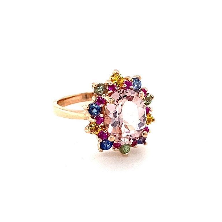 3.18 Carat Pink Morganite, Sapphire 14 Karat Rose Gold Cocktail Ring