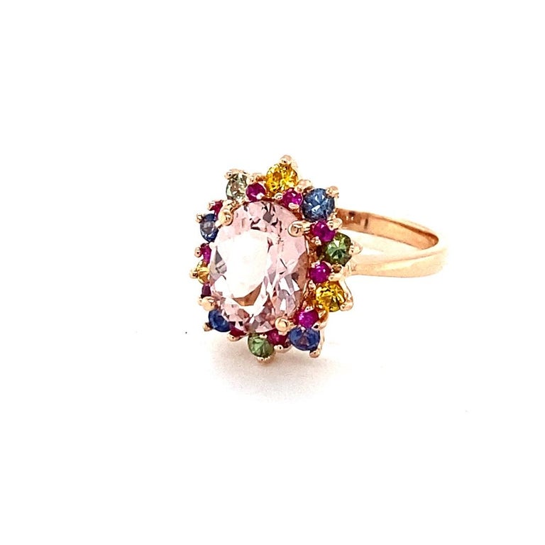 3.18 Carat Pink Morganite, Sapphire 14 Karat Rose Gold Cocktail Ring