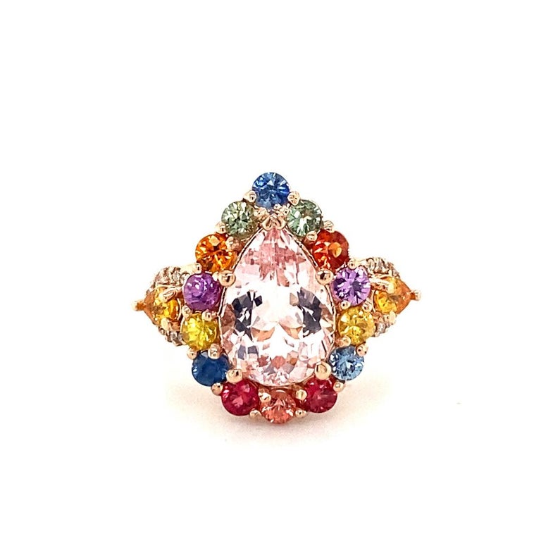 5.55 Carat Pink Morganite, Diamond, Sapphire 14 Karat Rose Gold Cocktail Ring