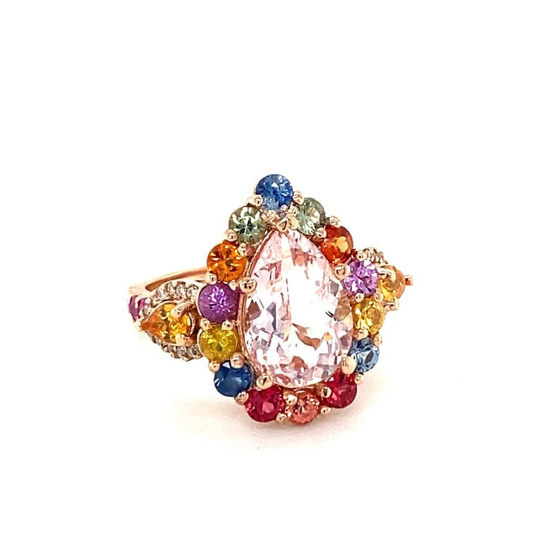 5.55 Carat Pink Morganite, Diamond, Sapphire 14 Karat Rose Gold Cocktail Ring