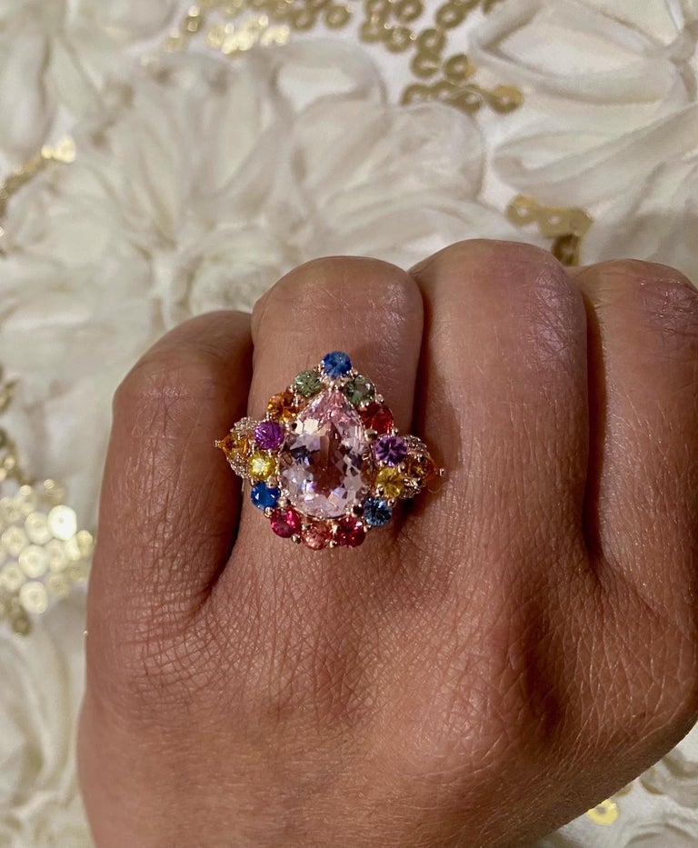 5.55 Carat Pink Morganite, Diamond, Sapphire 14 Karat Rose Gold Cocktail Ring