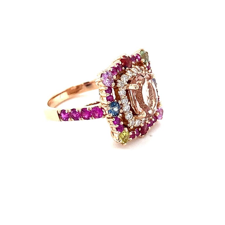 3.80 Carat Morganite, Diamond, Sapphire 14 Karat Rose Gold Cocktail Ring