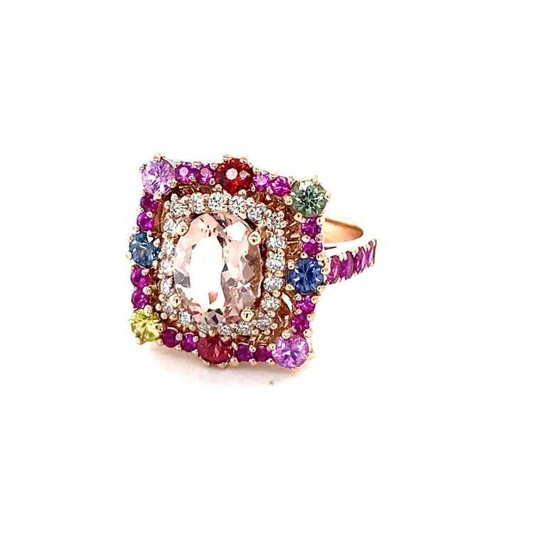 3.80 Carat Morganite, Diamond, Sapphire 14 Karat Rose Gold Cocktail Ring