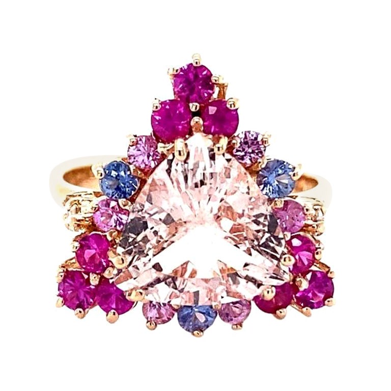 4.28 Carat Pink Morganite, Diamond, Sapphire 14 Karat Rose Gold Cocktail Ring