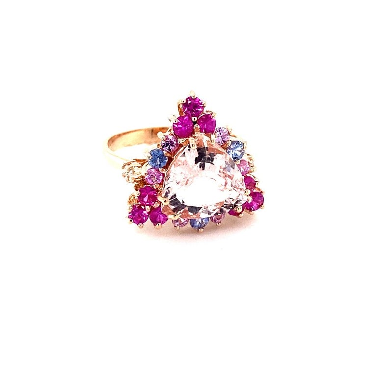 4.28 Carat Pink Morganite, Diamond, Sapphire 14 Karat Rose Gold Cocktail Ring