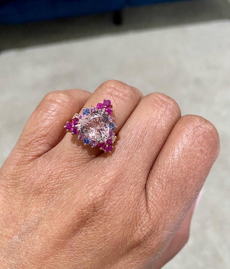 4.28 Carat Pink Morganite, Diamond, Sapphire 14 Karat Rose Gold Cocktail Ring