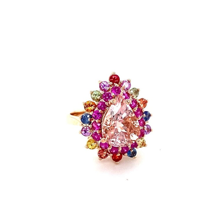 5.10 Carat Morganite, Multicolor Sapphire 14 Karat Rose Gold Cocktail Ring