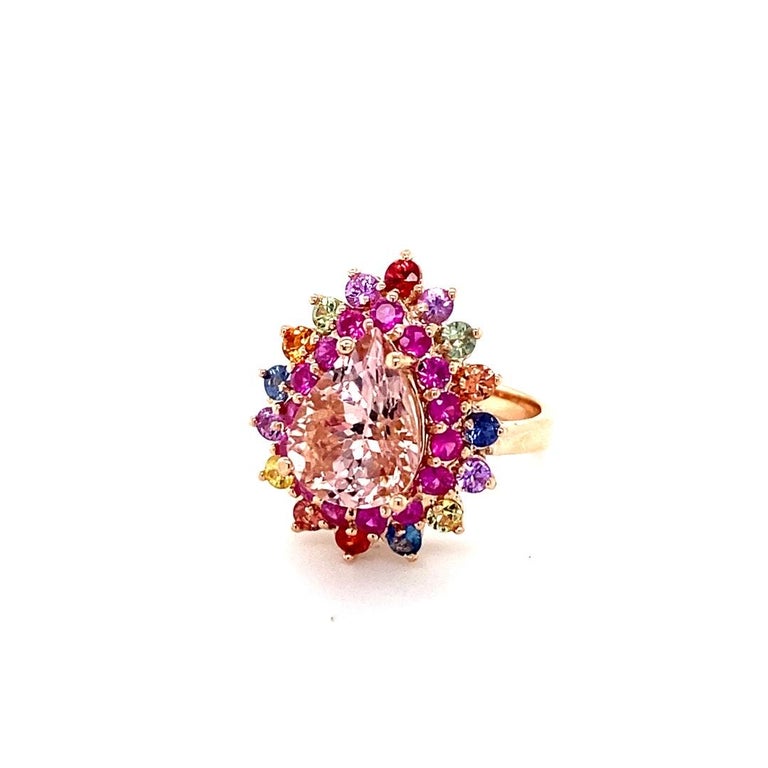 5.10 Carat Morganite, Multicolor Sapphire 14 Karat Rose Gold Cocktail Ring