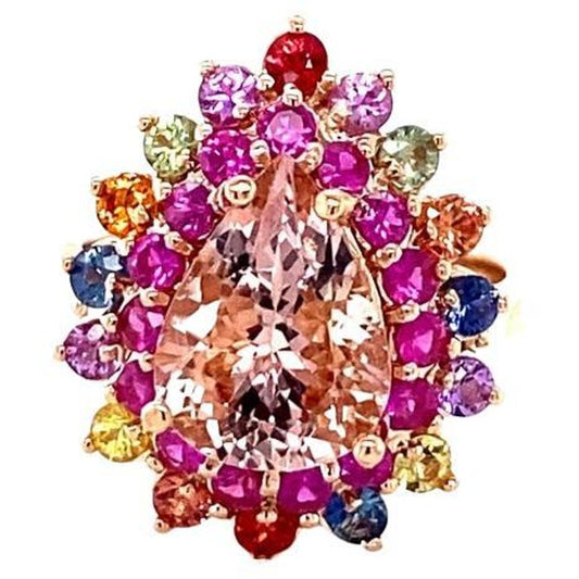 5.10 Carat Morganite, Multicolor Sapphire 14 Karat Rose Gold Cocktail Ring