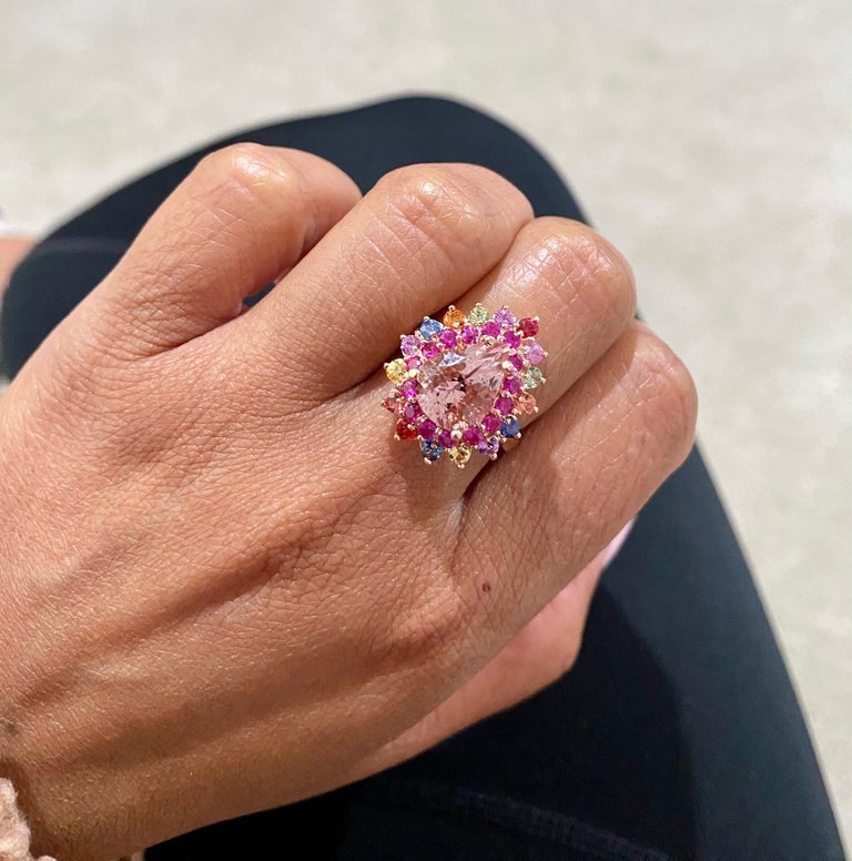 5.10 Carat Morganite, Multicolor Sapphire 14 Karat Rose Gold Cocktail Ring