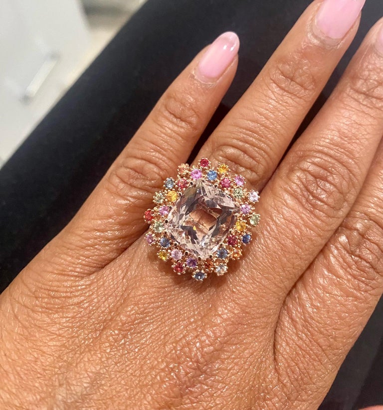 10.91 Carat Morganite, Multicolor Sapphire 14 Karat Rose Gold Cocktail Ring