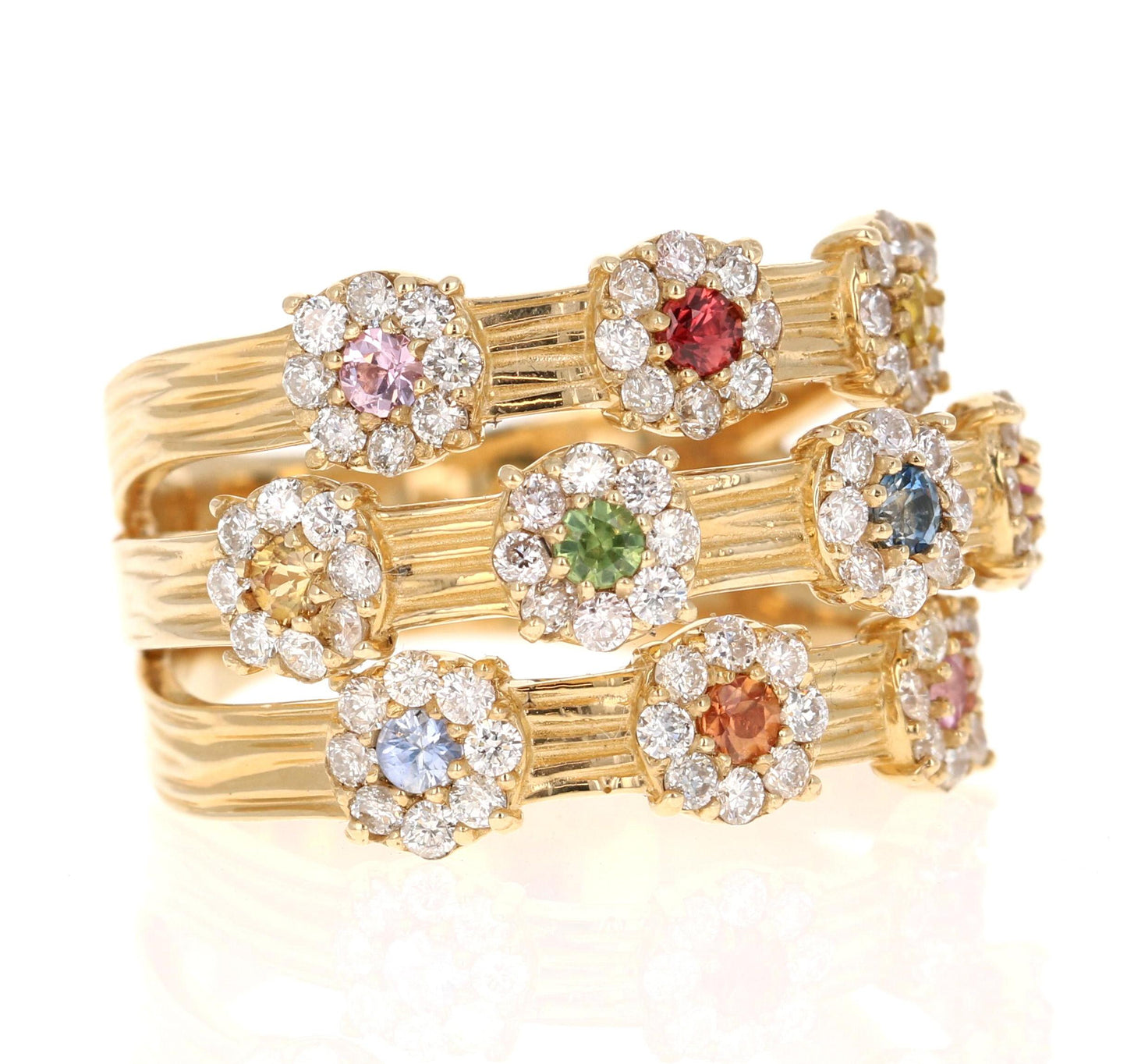 1.36 Carat Natural Multi Color Sapphire Diamond Yellow Gold Cocktail Ring