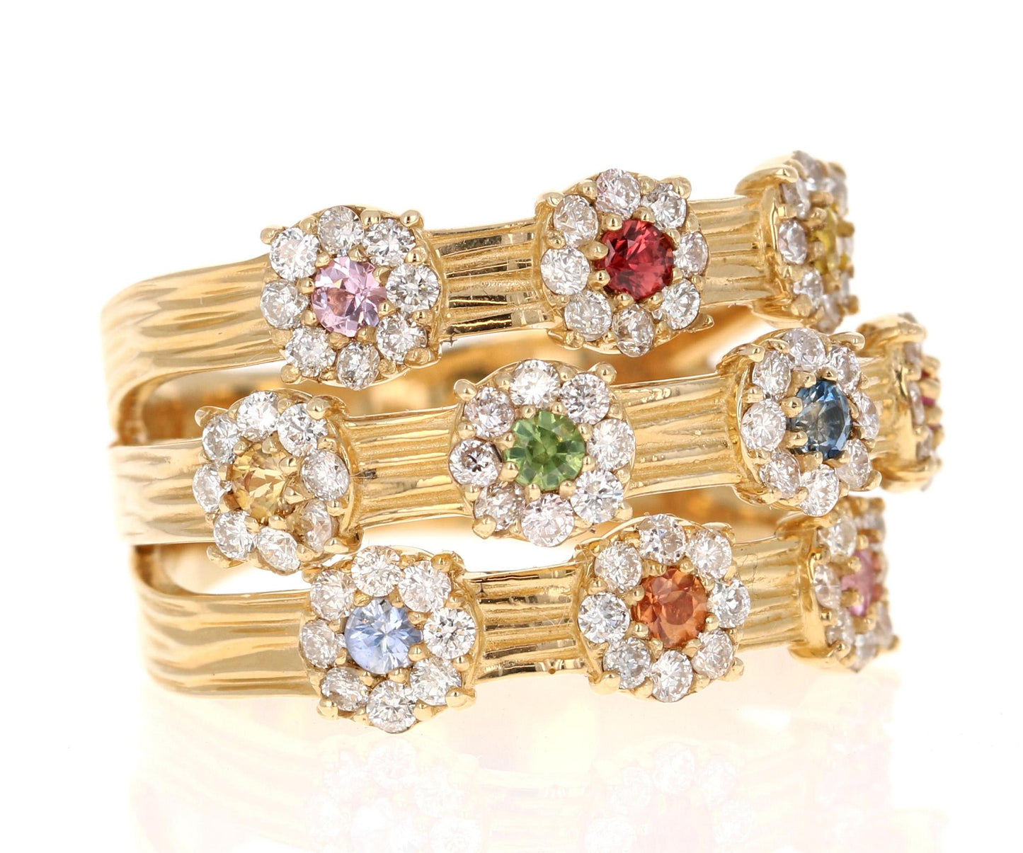 1.36 Carat Natural Multi Color Sapphire Diamond Yellow Gold Cocktail Ring