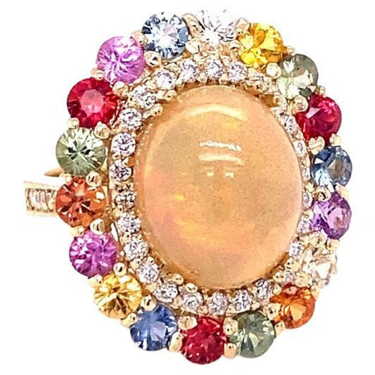 8.89 Ct Opal, Multicolor Sapphire, Diamond 14K Yellow Gold Cocktail Ring