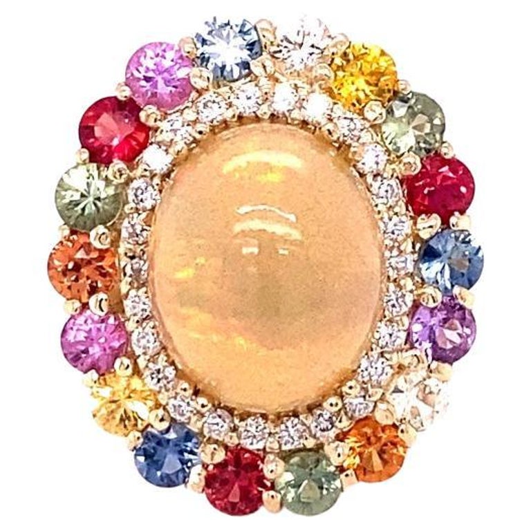 8.89 Ct Opal, Multicolor Sapphire, Diamond 14K Yellow Gold Cocktail Ring