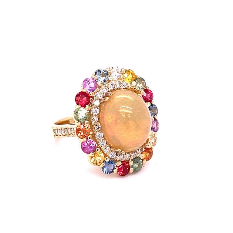 8.89 Ct Opal, Multicolor Sapphire, Diamond 14K Yellow Gold Cocktail Ring