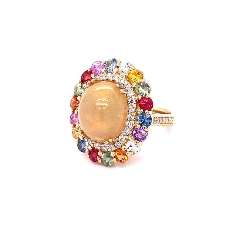 8.89 Ct Opal, Multicolor Sapphire, Diamond 14K Yellow Gold Cocktail Ring