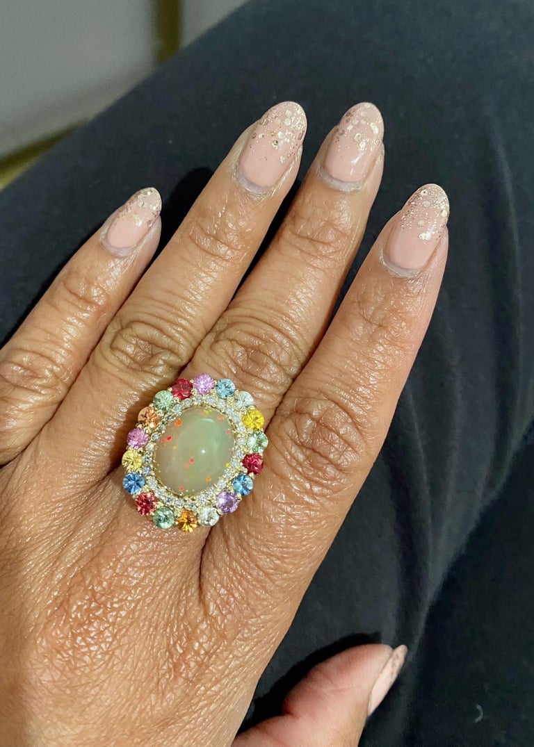 8.89 Ct Opal, Multicolor Sapphire, Diamond 14K Yellow Gold Cocktail Ring