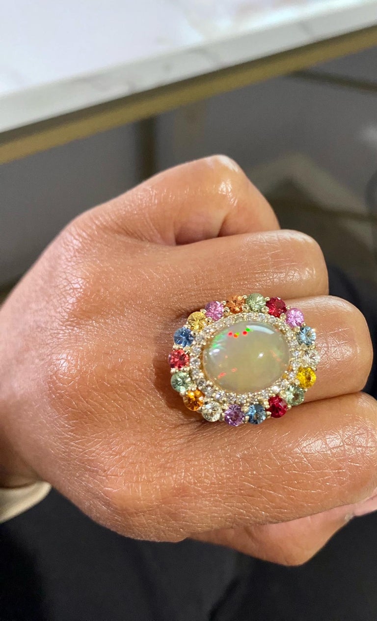 8.89 Ct Opal, Multicolor Sapphire, Diamond 14K Yellow Gold Cocktail Ring