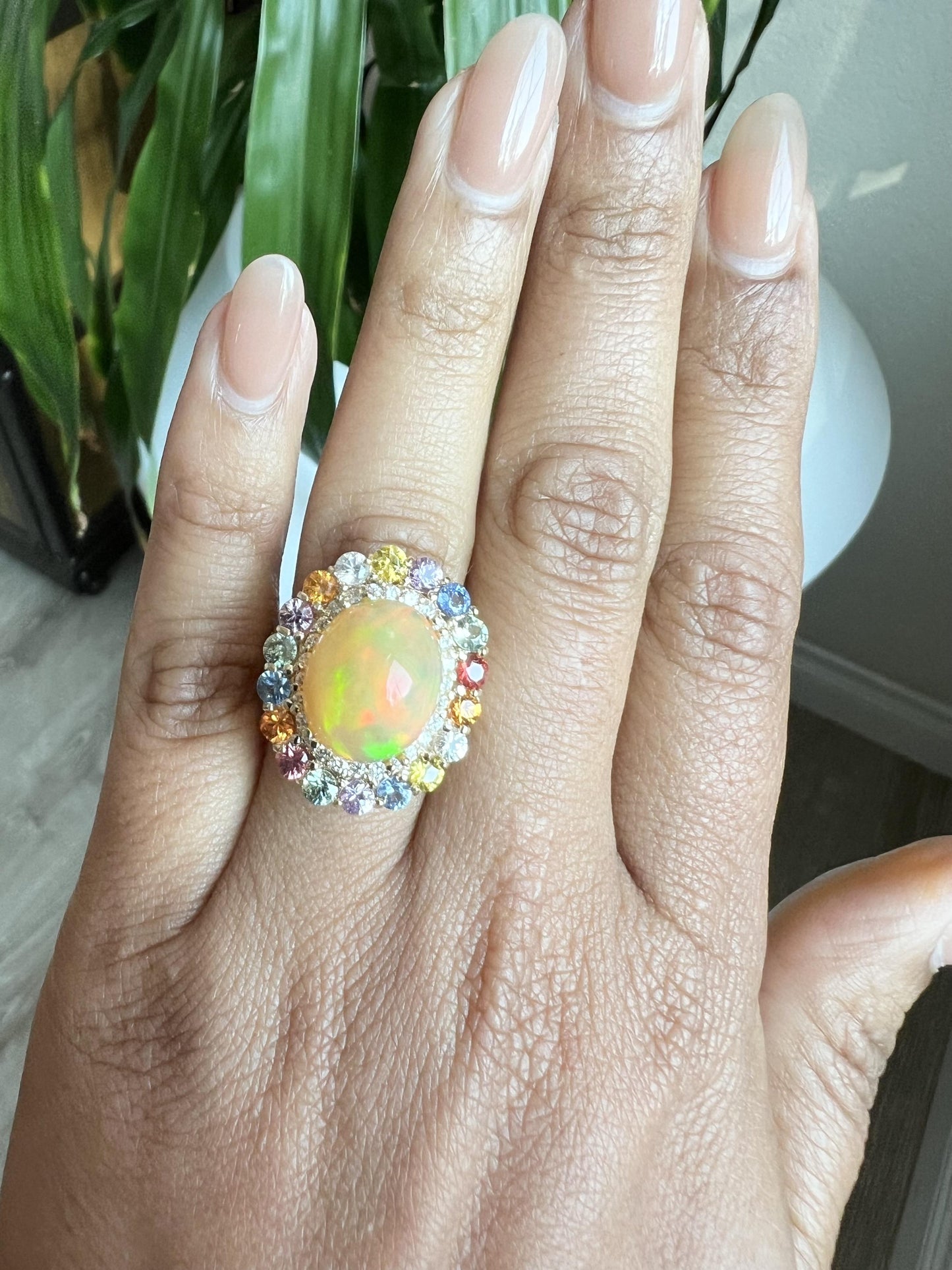 9.65 Carat Opal Sapphire Diamond Yellow Gold Cocktail Ring