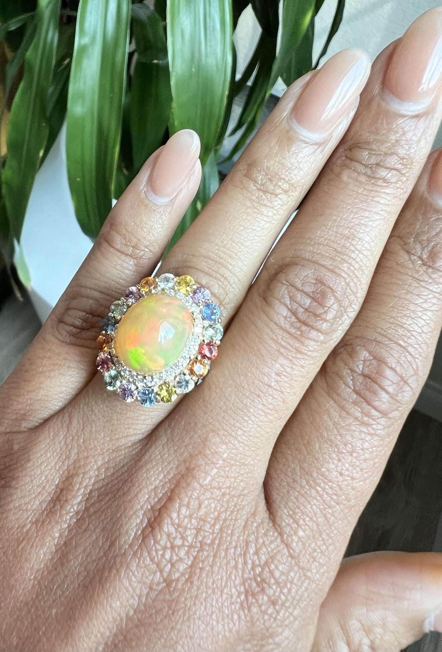 9.65 Carat Opal Sapphire Diamond Yellow Gold Cocktail Ring