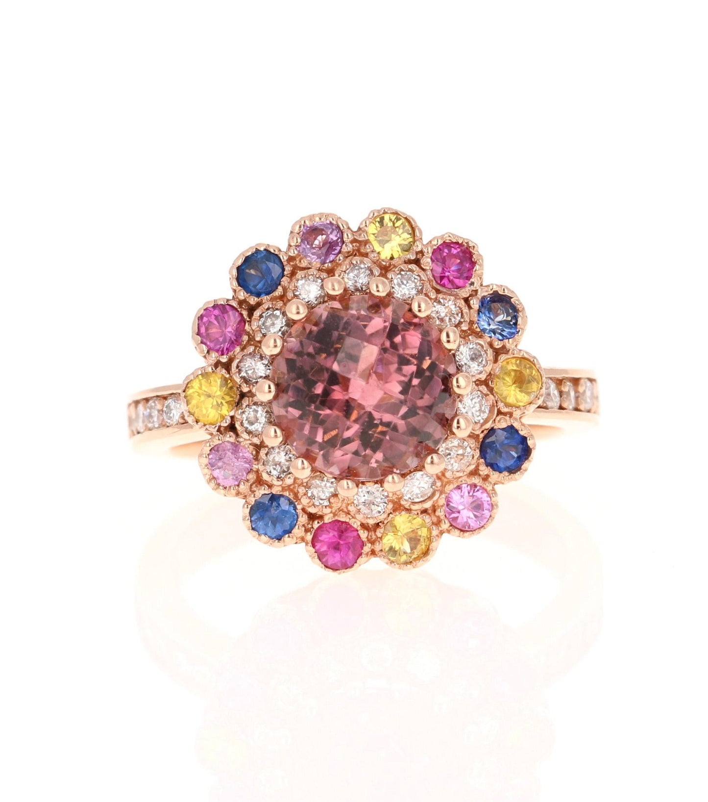 3.05 Carat  Natural Tourmaline Sapphire Diamond Rose Gold Cocktail Ring