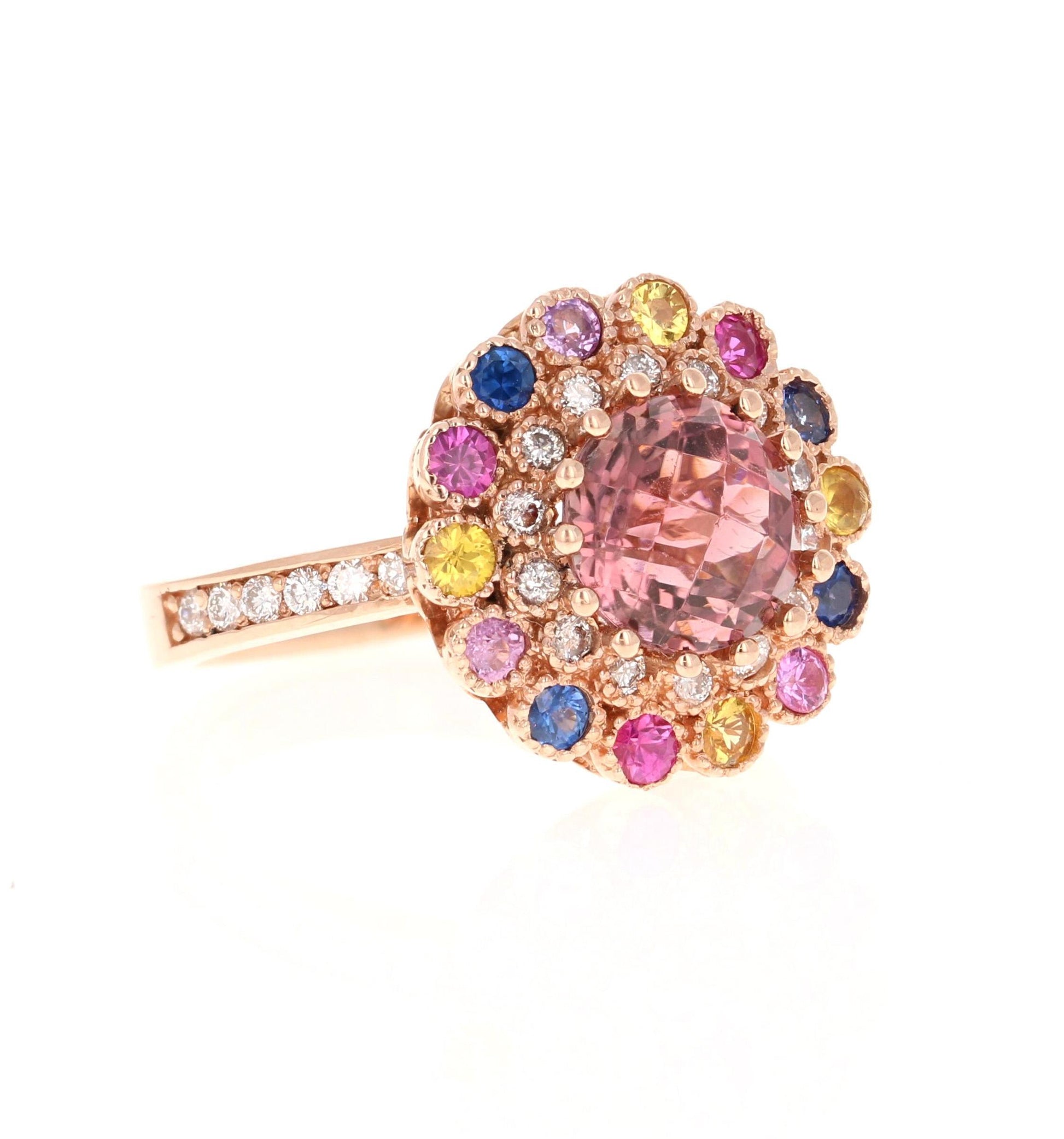 3.05 Carat  Natural Tourmaline Sapphire Diamond Rose Gold Cocktail Ring