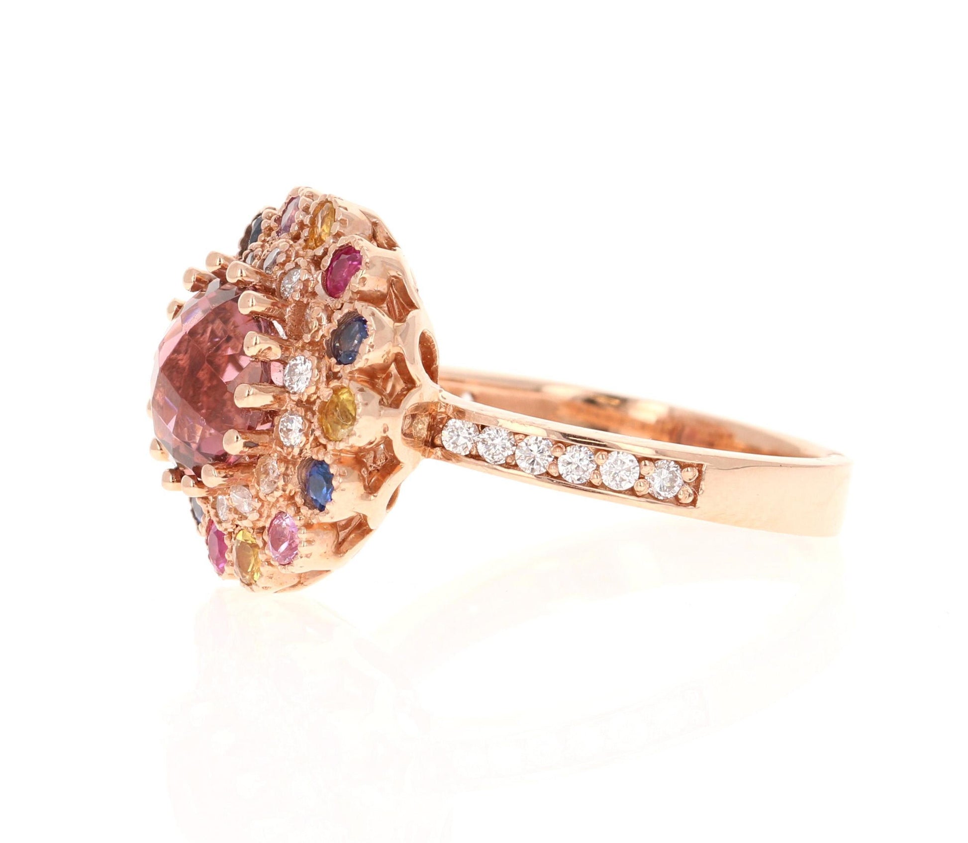 3.05 Carat  Natural Tourmaline Sapphire Diamond Rose Gold Cocktail Ring