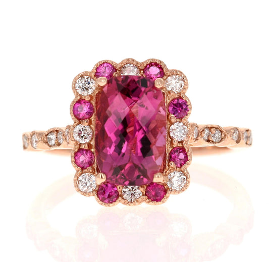 2.40 Carat Tourmaline Diamond Sapphire 14K Rose Gold Bridal Ring