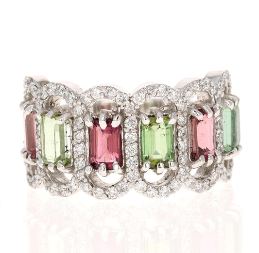 3.06 Carat Tourmaline Diamond White Gold Cocktail Band