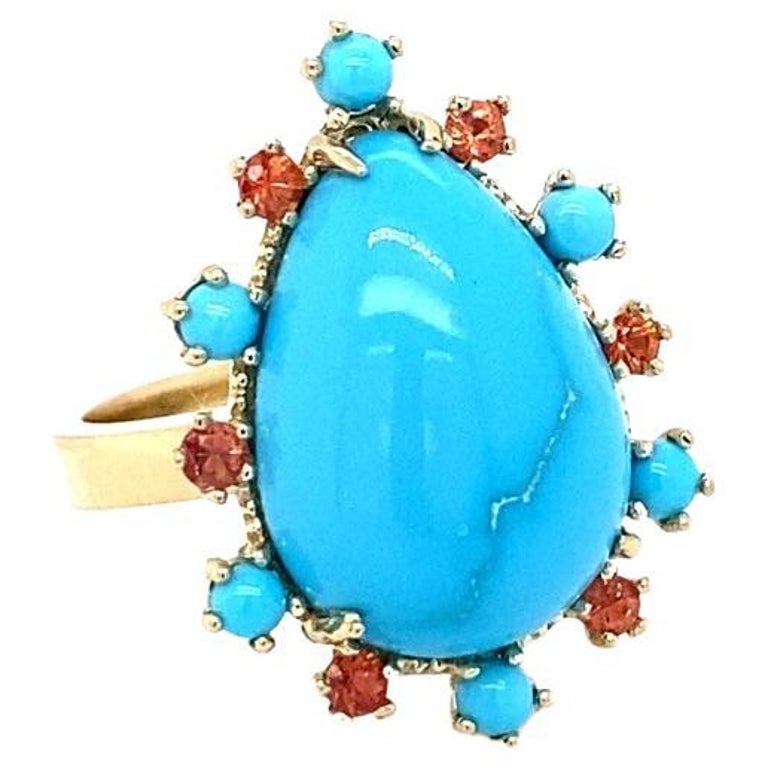 10.57 Ct Turquoise, Sapphire 14Karat Yellow Gold Cocktail Ring