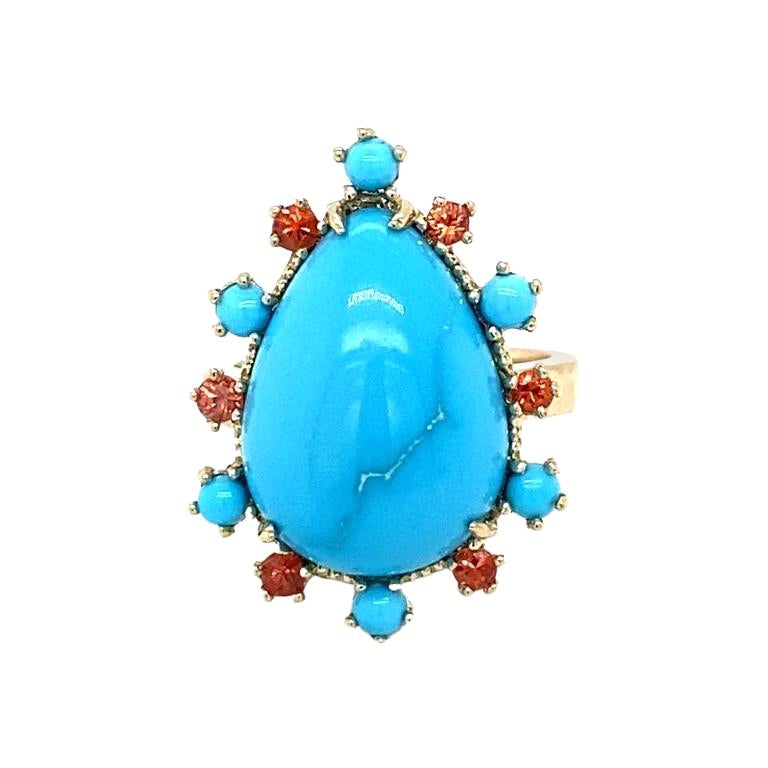 10.57 Ct Turquoise, Sapphire 14Karat Yellow Gold Cocktail Ring