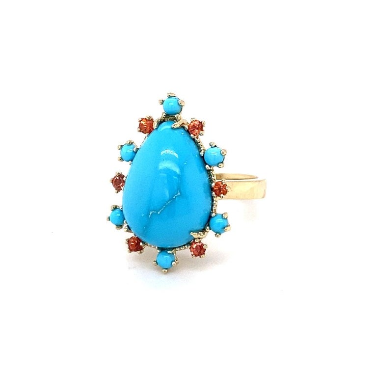 10.57 Ct Turquoise, Sapphire 14Karat Yellow Gold Cocktail Ring