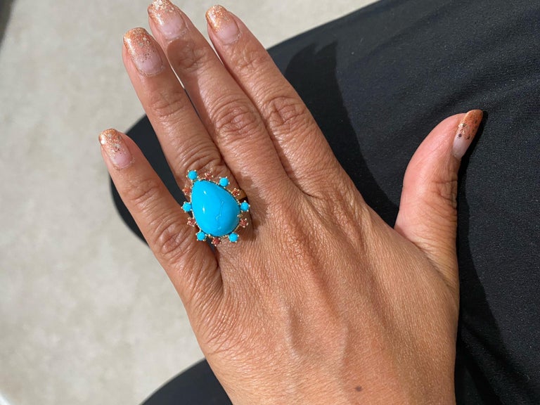 10.57 Ct Turquoise, Sapphire 14Karat Yellow Gold Cocktail Ring