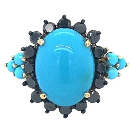 9.03 Ct Turquoise, Black Diamond 14K Yellow Gold Cocktail Ring