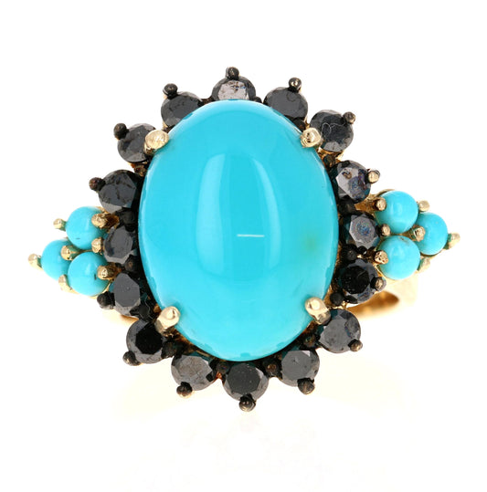 9.03 Carat Turquoise Black Diamond Yellow Gold Cocktail Ring