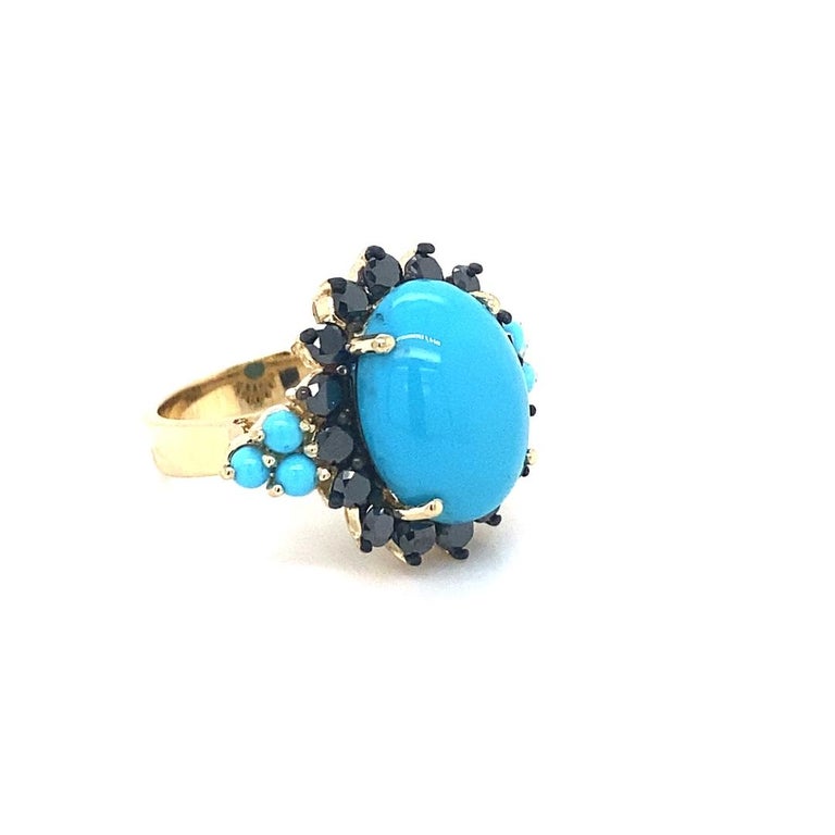 9.03 Ct Turquoise, Black Diamond 14K Yellow Gold Cocktail Ring