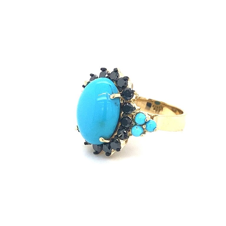 9.03 Ct Turquoise, Black Diamond 14K Yellow Gold Cocktail Ring