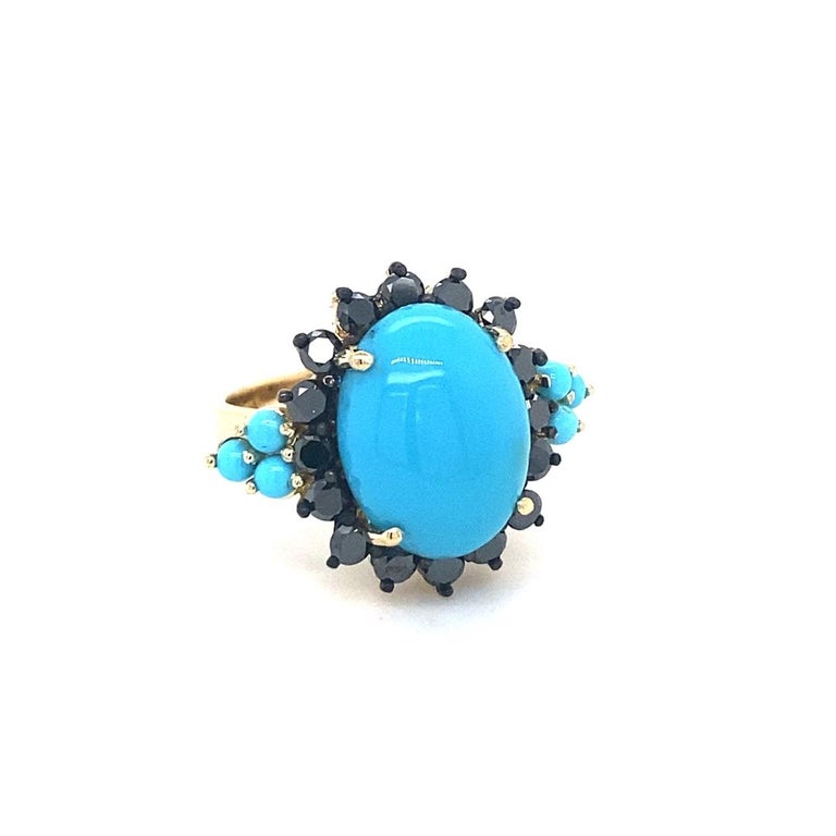 9.03 Ct Turquoise, Black Diamond 14K Yellow Gold Cocktail Ring