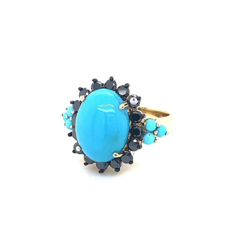 9.03 Ct Turquoise, Black Diamond 14K Yellow Gold Cocktail Ring