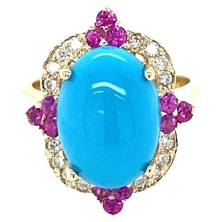 5.63 Ct Turquoise, Diamond, Pink Sapphire 14 Karat Yellow Gold Cocktail Ring