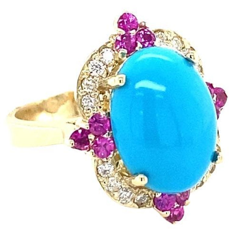 5.63 Ct Turquoise, Diamond, Pink Sapphire 14 Karat Yellow Gold Cocktail Ring