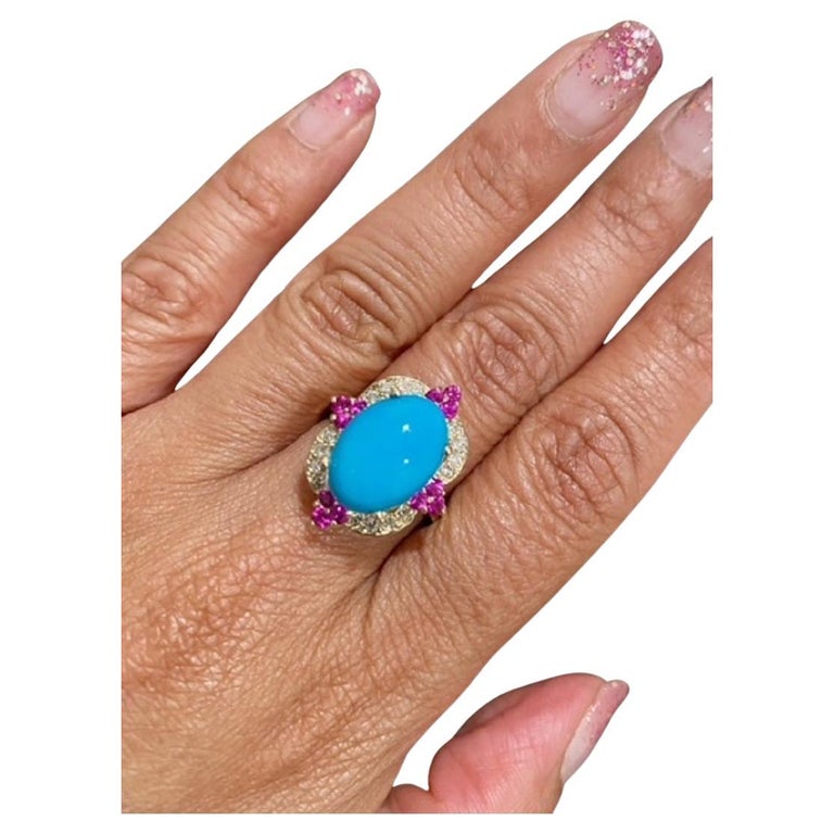 5.63 Ct Turquoise, Diamond, Pink Sapphire 14 Karat Yellow Gold Cocktail Ring