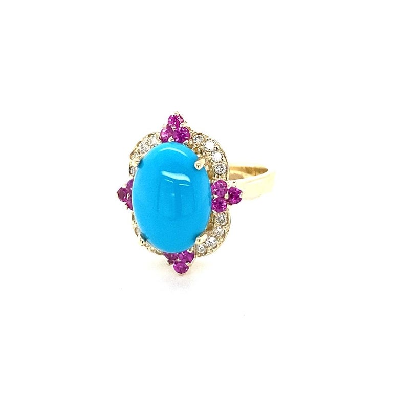 5.63 Ct Turquoise, Diamond, Pink Sapphire 14 Karat Yellow Gold Cocktail Ring