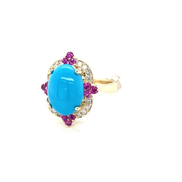 5.63 Ct Turquoise, Diamond, Pink Sapphire 14 Karat Yellow Gold Cocktail Ring