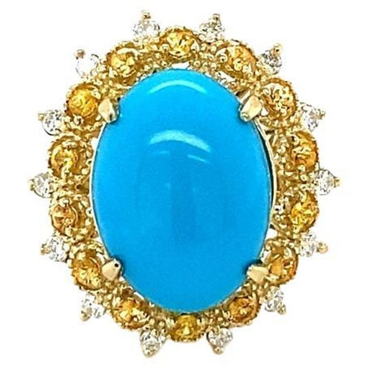 5.40 Carat Turquoise, Diamond 14 Karat Yellow Gold Cocktail Ring