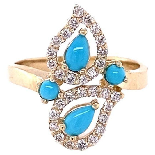 0.80 Ct Turquoise, Diamond 14K Yellow Gold Cocktail Ring