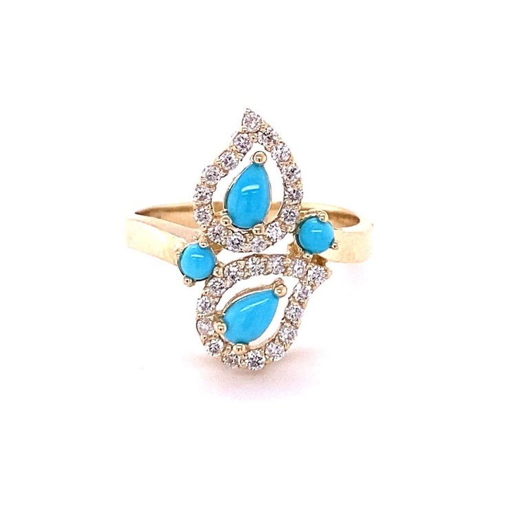 0.80 Ct Turquoise, Diamond 14K Yellow Gold Cocktail Ring